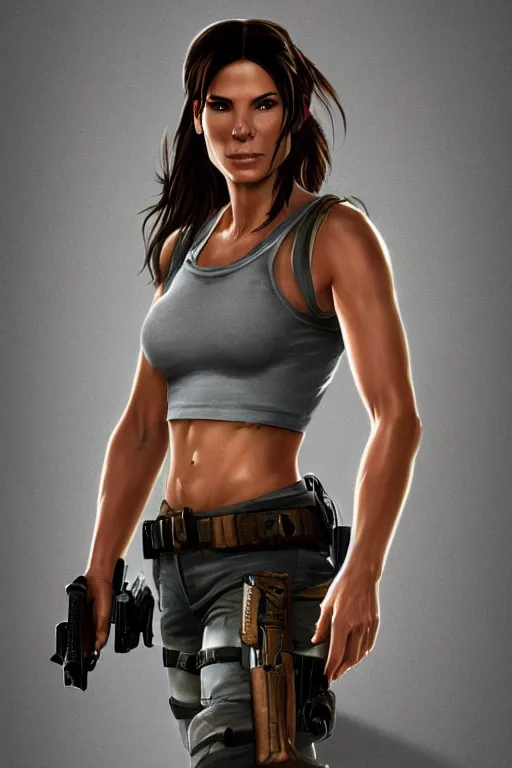 Prompt: sandra bullock is lara croft from tomb raider, various artists, grey background, movie, hyperdetailed, artstation, cgsociety, 8 k