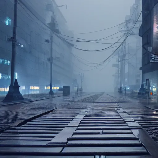 Image similar to raining dark smog wide angle shot dieselpunk dystopia makoto shinkai corrogated steel walkway