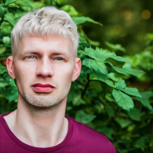 Image similar to photographic portrait of a polish man, 37 years old, short blonde hair in loose curls, small blue eyes, very pale white skin, medium blond stubble, wearing a maroon tight t-shirt and blue jeans, an earring on left ear, thin lips, smirking, posing in a garden, under bright sunlight