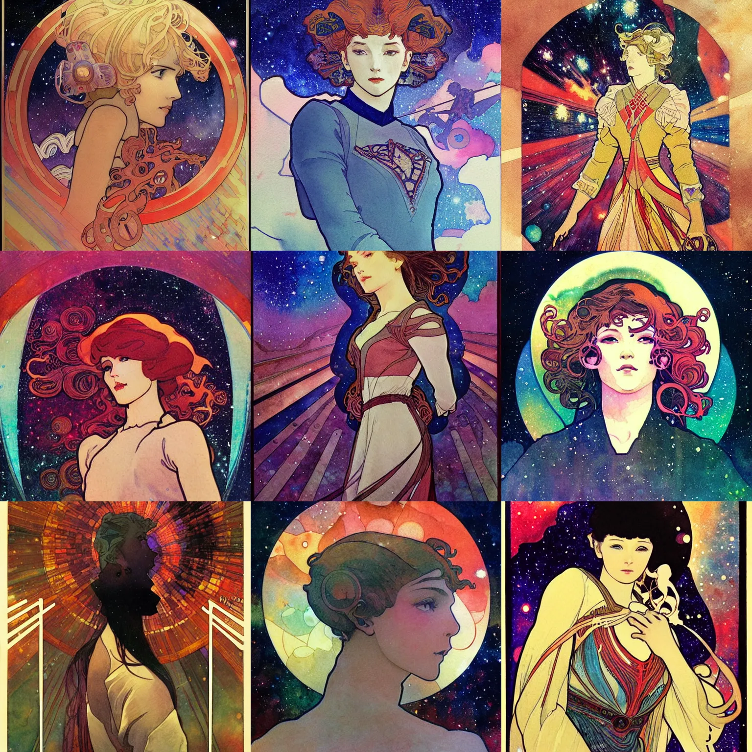 Prompt: the galaxy. beautiful, realistic painting by mucha and kuvshinov and bilibin and malevich. synthwave watercolor, thick lining, manga, soviet realism