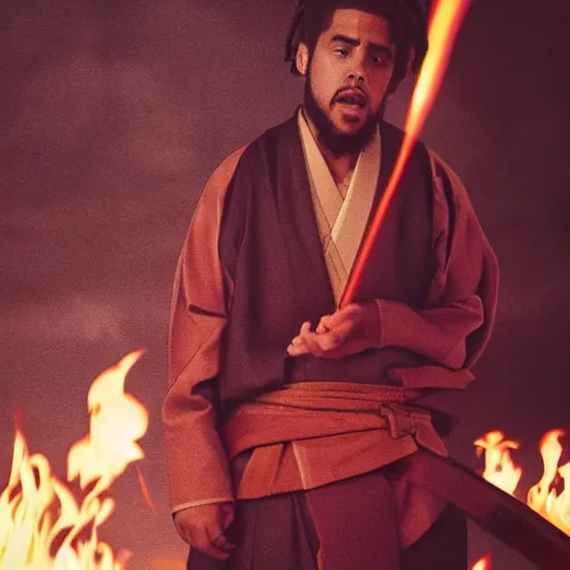 Image similar to cinematic film still J Cole starring as a Samurai holding fire, Japanese CGI, VFX, 2022, 40mm lens, shallow depth of field,film photography