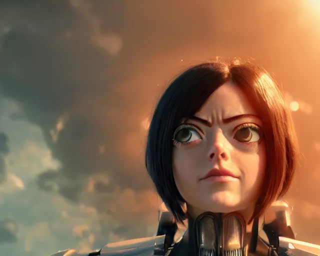 Prompt: a film still from battle angel alita played by actress emma stone, portrait, cinematic lighting, photorealistic, hyperrealistic, highly detailed, photorealistic, high resolution, 4 k