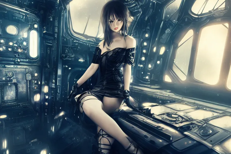 Image similar to a woman in a black dress and thigh highs in a steampunk spaceship, digital art, beautiful lighting, by wlop, by yoshitaka amano, octane render, composition, beautiful face, photorealism, steampunk, 4 k