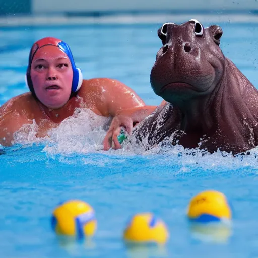 Image similar to hippopotamuses playing water polo against people. sports photograph.