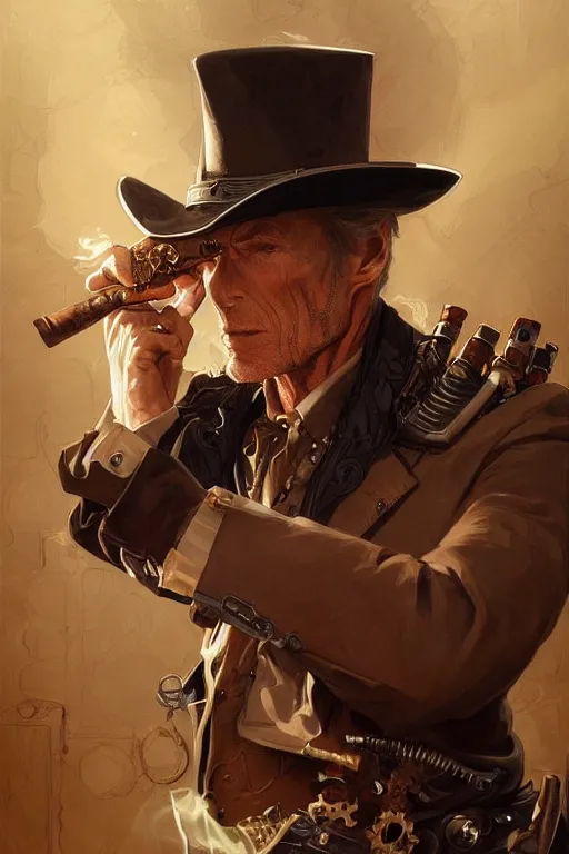 Image similar to clint eastwood steampunk cyborg smoking cigar, portrait, western, duster, fantasy, intricate, elegant, highly detailed, digital painting, artstation, concept art, sharp focus, illustration, art by artgerm and greg rutkowski and alphonse mucha