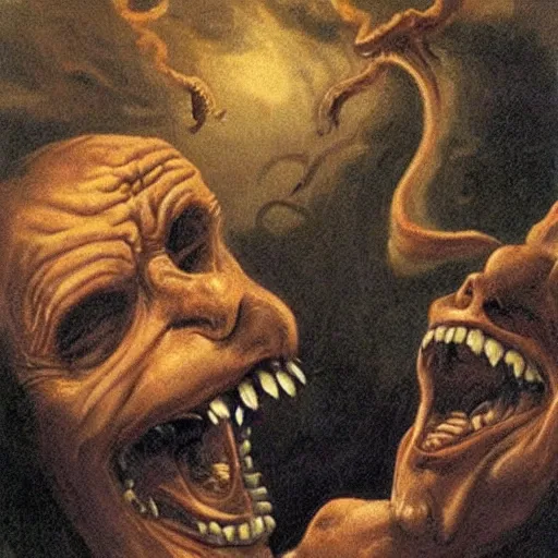 Prompt: Demons escaping from Steve Balmers yawning mouth