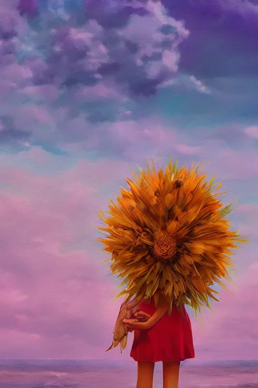 Prompt: closeup, huge flower head, a girl on beach, surreal photography, wind and cold, dramatic sky, impressionist painting, digital painting, artstation, simon stalenhag