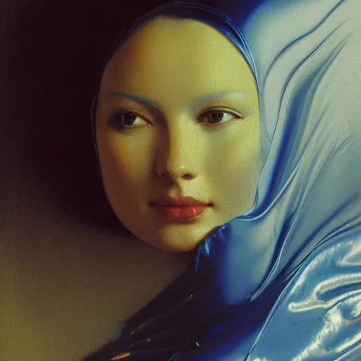 Prompt: a chrome woman's face in flowing sheets of cobalt blue gold chrome silver satin, by syd mead moebius roger dean donato giancola michael whelan yoshitaka amano ivan aivazovsky jan de heem pieter claesz paul delaroche alma tadema aelbert cuyp willem claesz isaac levitan, hyperrealistic volumetric light render