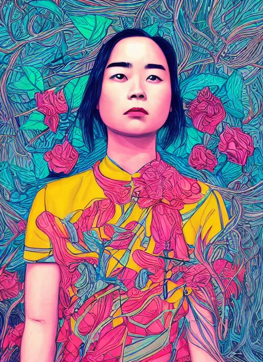 Image similar to closeup portrait of mitski, an ultrafine detailed illustration by james jean, intricate linework, bright colors, final fantasy, behance contest winner, vanitas, angular, altermodern, unreal engine 5 highly rendered, global illumination, radiant light, detailed and intricate environment