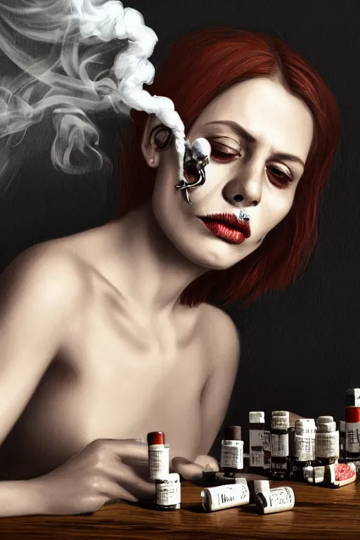 Image similar to beutifull and very tired woman. Woman is looking pile Off pills, drugs, cigarrette boxes and a skull on a wooden table, skull made out of smoke coming out of pills, fantasy, intricate, elegant, highly detailed, digital painting, artstation, concept art, addiction, chains, smooth, sharp focus, illustration, art by Ilja Repin