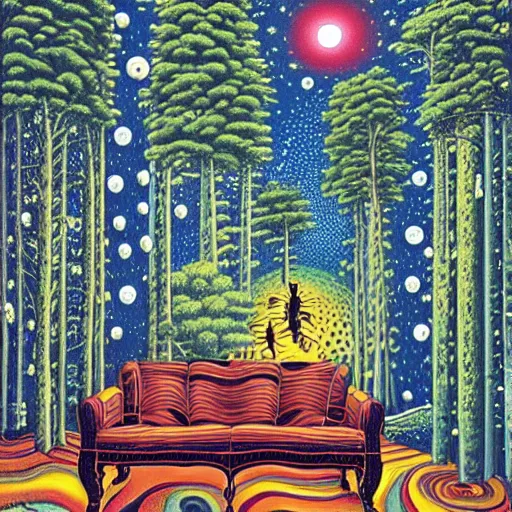 Image similar to psychedelic trippy river pine forest, planets, milky way, sofa, cartoon by rob gonsalves