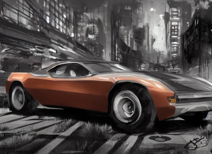 Image similar to wide view shot of a copper colored car with some black and white paint, designed by dmc and gmc, concept art style by john berky and liam wong and michael whelan.