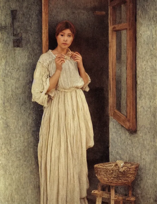 Prompt: peasant girl trying dress in front of a mirror, on a village, Cinematic focus, Polaroid photo, vintage, neutral colors, soft lights, foggy, by Steve Hanks, by Serov Valentin, by lisa yuskavage, by Andrei Tarkovsky 8k render, detailed, oil on canvas