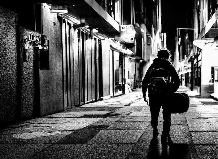 Image similar to photography of a Cat carrying a backpack . in a cyberpunk street. award winning photo, led lighting, night, 24mm, sharp, high res