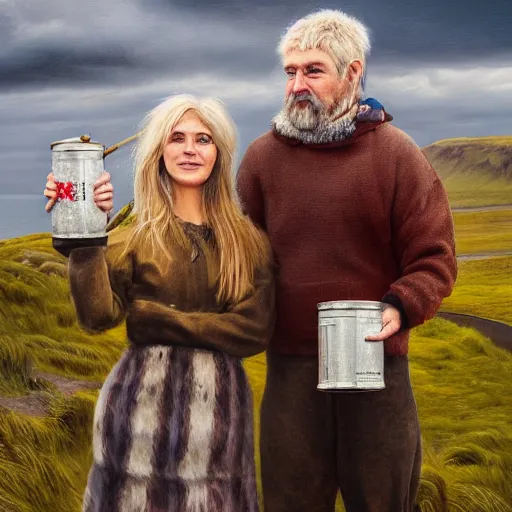 Image similar to a highly detailed portrait of a couple holding a tin can, remote icelandic village, blonde hair, trending on artstation,