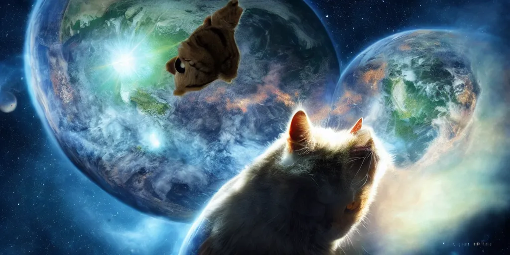 Image similar to a giant cat eating the earth planet, scifi, artstation, cosmos exploration, realistic photo, 4 k, photo by nasa, hubble telescope, cosmos