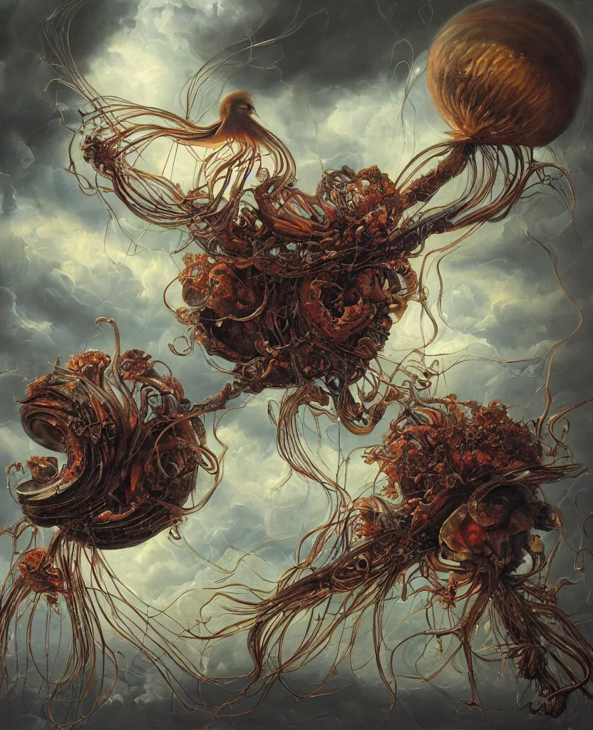 Image similar to an anatomical oil painting of a Harpy jellyfish from a medical journal by Nychos, Julie Bell, Peter Mohrbacher highly detailed, high detail, 8k, storm clouds, birds, dramatic lighting