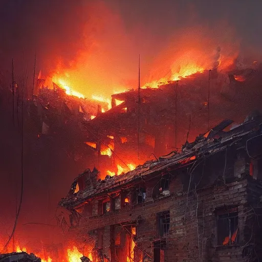 Image similar to a close view of destroyed buildigs!!!, rubble!!, fires!! hyperrealistic, highly detailed, cinematic, foggy light from fires, beautiful, cgssociety, artstation, 8 k, oil painting by greg rutkowski, by artgerm, by wlop