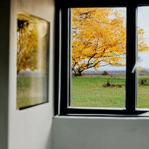 Image similar to a cinematic view looking out a window into an open field, wind blows the leaves