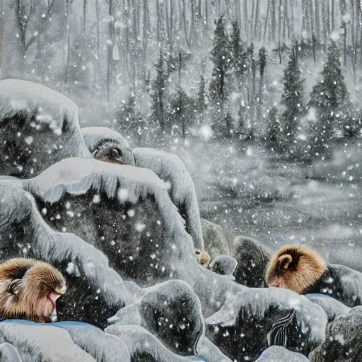 Image similar to scenic mountain setting, snow monkeys gather at the natural spa, highly detailed, snow flurry, cold, steamy, desaturated, inquisitive, striking, contemplative, watercolor, dry brush