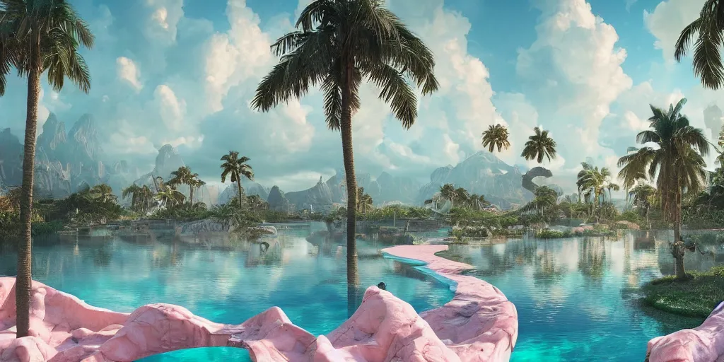 Image similar to artgem and greg rutkowski masterpiece, hyperrealistic surrealism, award winning masterpiece with incredible details, epic stunning, infinity pool, a surreal vaporwave liminal space, highly detailed, trending on ArtStation, calming, meditative, pink arches, palm trees, very vaporwave, very very surreal, sharp details, dreamscape