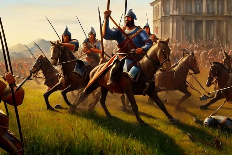 Image similar to ( ( a beautiful 8 k photorealistic masterpiece oil painting ) ( of ( man stuck in the age of empires 2 game ) ( knights and archers are chasing him ) ) ( hyperrealism ) ( 1 6 k ) ( trending on artstation )