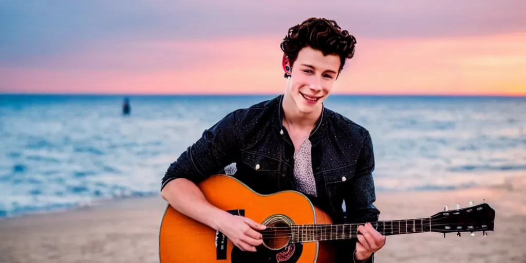 Image similar to Shawn Mendes en la playa tocando la guitarra at sunset