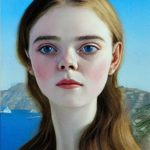 Image similar to Elle Fanning in Santorini, head and shoulders portrait, extremely detailed masterpiece, illustration, by Michael Sowa,