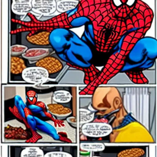 Image similar to spiderman eating greasy food from arby's