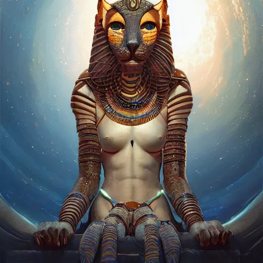 Image similar to highly detailed portrait of sekhmet the egyptian goddess, intricate alien technology, stephen bliss, unreal engine, fantasy art by greg rutkowski, loish, rhads, ferdinand knab, makoto shinkai and lois van baarle, ilya kuvshinov, rossdraws, tom bagshaw, global illumination, radiant light, detailed and intricate environment