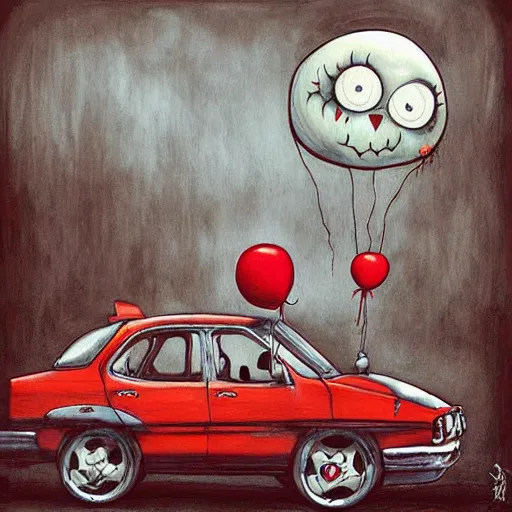 Image similar to grunge painting of a car with a wide smile and a red balloon by chris leib, loony toons style, pennywise style, corpse bride style, horror theme, detailed, elegant, intricate