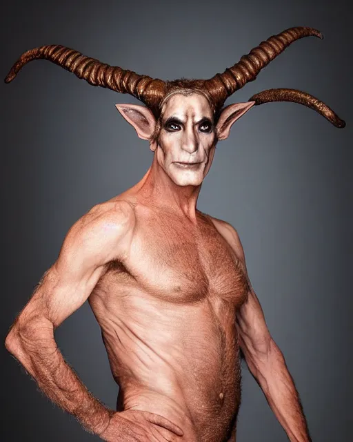 Image similar to actor Scott Bakula in Elaborate Pan Satyr Goat Man Makeup and prosthetics designed by Rick Baker, Hyperreal, Head Shots Photographed in the Style of Annie Leibovitz, Studio Lighting