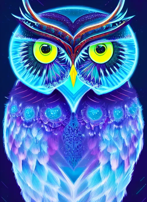 Image similar to symmetry!! product render poster vivid colors divine proportion owl, ice and snow, glowing fog intricate, elegant, highly detailed, digital painting, artstation, concept art, smooth, sharp focus, illustration,