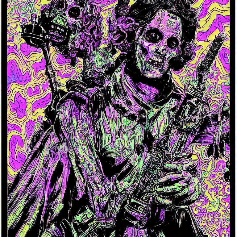 Prompt: beautiful colorful hyperrealist highly detailed psychedelic blacklight poster'zombie ghostbuster ', psychedelic art nouveau, beautiful high contrast colored wood engraving, moebius comic style, shocking detail trending on artstation 8 k