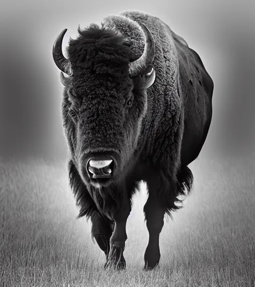 Image similar to Award winning Editorial photo of an american bison in yellowstone Park by Edward Sherriff Curtis and Lee Jeffries, 85mm ND 5, perfect lighting, gelatin silver process, National Geographic