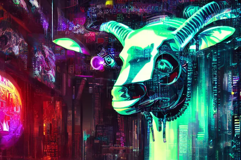 Image similar to complex cyberpunk machine background merged with evil cybernetic goat head in center focus, multicolored digital art