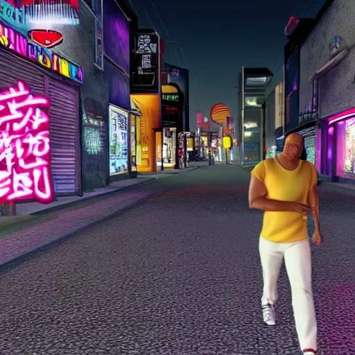 Prompt: carl johnson walking in the streets of Kabuchiko night time neons 3d render