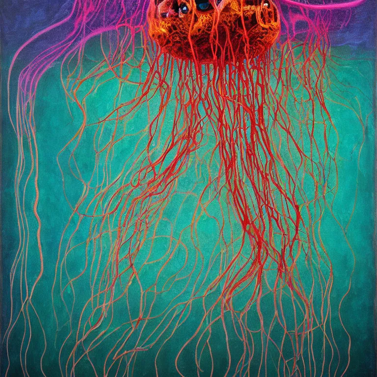 Prompt: Hyperrealistic intensely colored Studio wet collodion Photograph portrait of a deep sea psychedelic bioluminescent jellyfish deep underwater in darkness long exposure, award-winning nature deep sea expressionistic impasto heavy brushstrokes oil painting by Fabian Marcaccio and Jean Dubuffet and Audubon vivid colors hyperrealism 8k