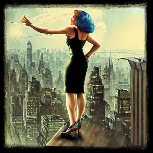 Prompt: “ girl standing on a roof looking down at a futuristic new york city below, ghostpunk, blade runner, cyberpunk, art nouveau, storm clouds, rain, very detailed, by gil elvgren ”