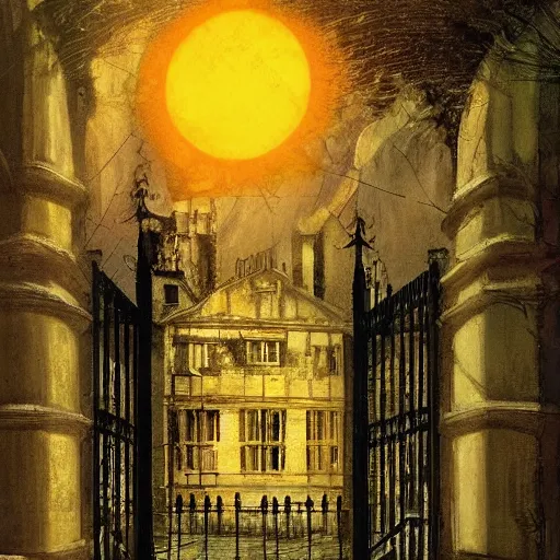 Image similar to cloaked detective walking into open wrought iron gates of a mental asylum, a menacing tower looms over the courtyard, and an evening sun bathes the cobblestone in a warm glow by Francis Bacon, fantasy, victorian theme