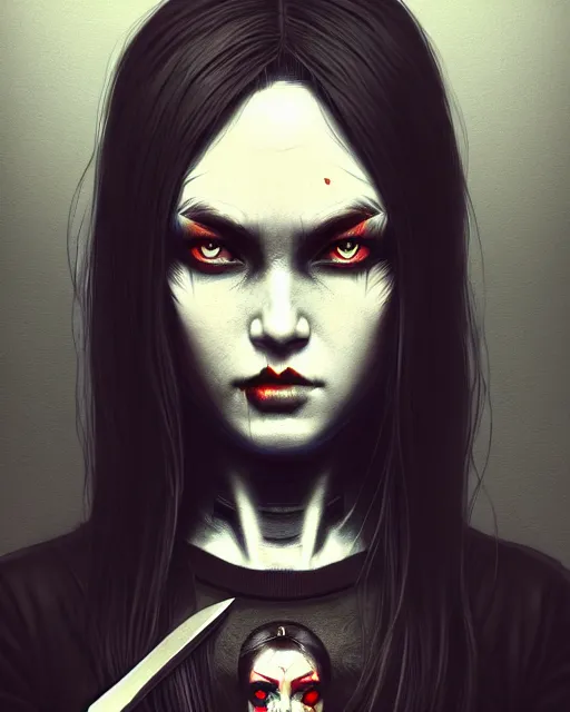 Image similar to full atomic scan face shot of a beautiful warlord girl, in tshirt with her buck knife ready, her morbid interests, irish, by saruei and guweiz and ilya kuvshinov and george miller, digital art, highly detailed, intricate, sharp focus, trending on artstation hq, deviantart, pinterest, unreal engine 5, 4 k uhd image