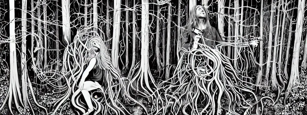 Image similar to a grunge technogaianist long-haired blonde digital musician playing modular synthesizer in the forest, technology and nature swirling in harmony, plugging vines into the synthesizer, trees swaying to the beat, postmodern surrealist concert poster, grainy poster art, hand drawn matte painting by Tara McPherson and Gary Houston, smooth, sharp focus, extremely detailed, 35mm.