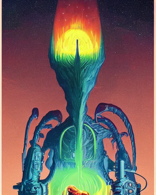 Image similar to a painting of a man standing in front of a giant alien, poster art vincent di fate and jack gaughan and dan mumford, cgsociety, space art, lovecraftian, cosmic horror, poster art