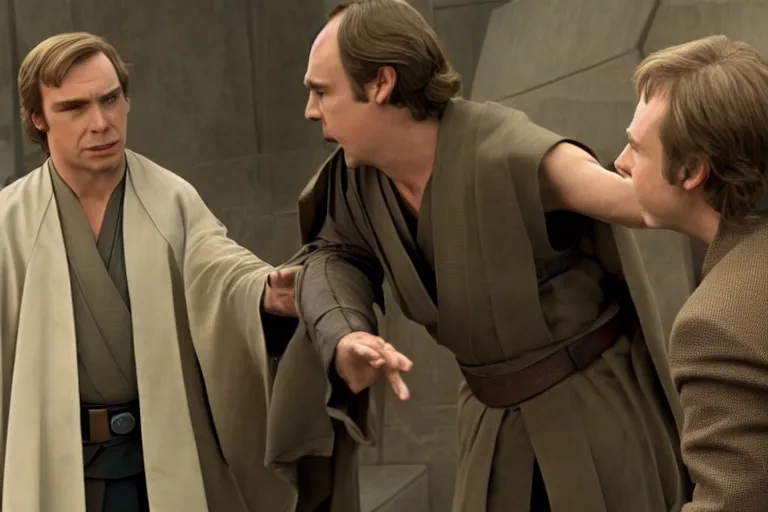 Prompt: a jedi master anakin skywalker is defended in star wars senate by saul goodman also known as jimmy mcgill, star wars revenge of the sith, better call saul, 1 0 8 0 p, court session images