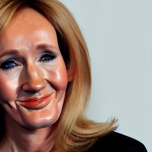 Image similar to Portrait till photograph of JK Rowling smiling in front of the transgender flag, detailed, textured, medium shot, mid-shot, trending on Artstation