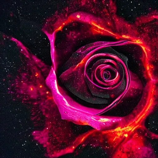 Prompt: award - winning macro of a beautiful vantablack black rose made of fiery molten magma and nebulae on black background by harold davis, georgia o'keeffe and harold feinstein, highly detailed, hyper - realistic, inner glow, petals made of galaxies, trending on deviantart, artstation and flickr, nasa space photography, national geographic