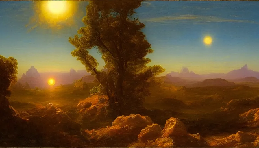 Image similar to a landscape painting depicting a remote arid planet with two suns above, oil on canvas, hudson river school, Thomas Cole, Fredric Edwin Church