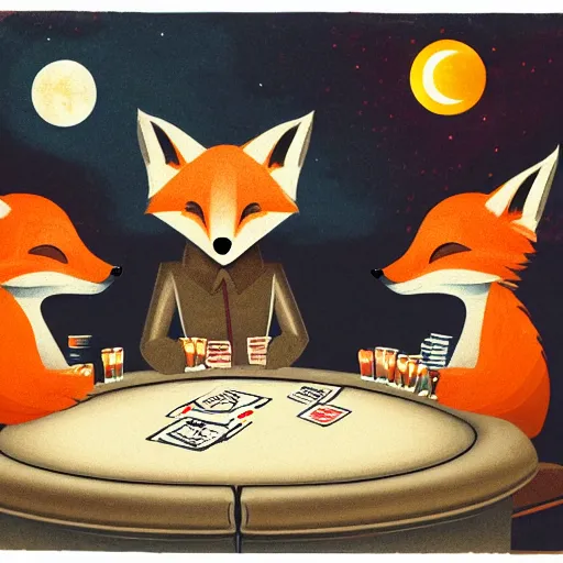 Image similar to a gang of foxes playing poker at night