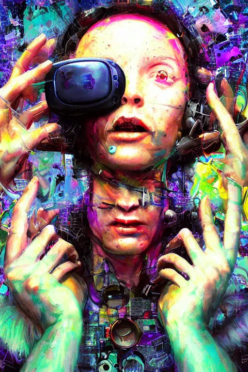 Prompt: portrait, headshot, digital painting, an delightfully crazy, wholesome techno - shaman lady, vr headset, psychodelic, synthwave, glitch, fracture, realistic, hyperdetailed, chiaroscuro, concept art, art by john berkey