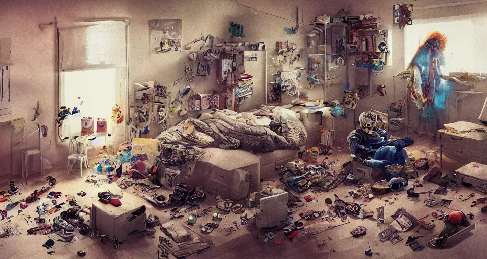 Image similar to IKEA catalogue photo, cyberpunk childrens bedroom, toys, mess, drawings, dust, organic, by Beksiński